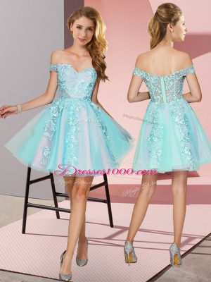 Mini Length Zipper Dama Dress for Quinceanera Aqua Blue for Wedding Party with Lace