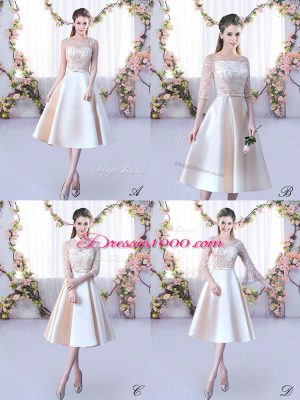 Sleeveless Lace Up Tea Length Lace and Belt Wedding Guest Dresses