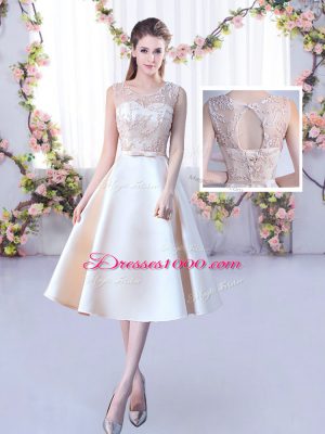 Sleeveless Lace Up Tea Length Lace and Belt Wedding Guest Dresses