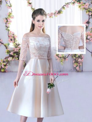 Sleeveless Lace Up Tea Length Lace and Belt Wedding Guest Dresses