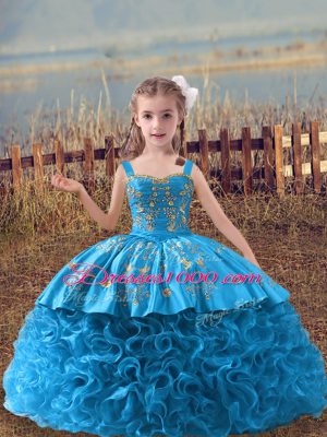 Amazing Baby Blue Lace Up Straps Embroidery Little Girls Pageant Gowns Fabric With Rolling Flowers Sleeveless Sweep Train