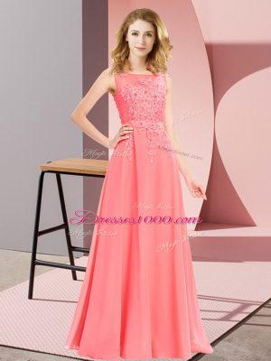 Watermelon Red Chiffon Zipper Scoop Sleeveless Floor Length Court Dresses for Sweet 16 Beading and Appliques