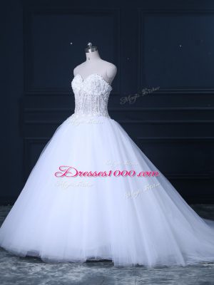 Unique Sleeveless Brush Train Lace Up Beading Wedding Gowns