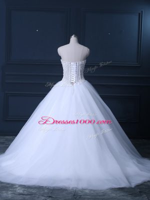 Unique Sleeveless Brush Train Lace Up Beading Wedding Gowns