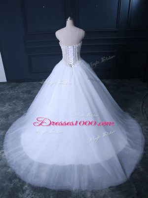 Unique Sleeveless Brush Train Lace Up Beading Wedding Gowns