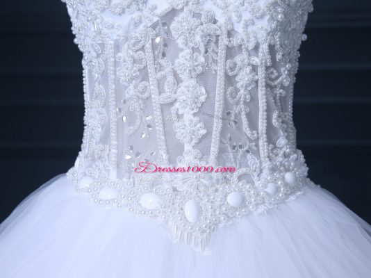 Unique Sleeveless Brush Train Lace Up Beading Wedding Gowns