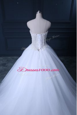 Unique Sleeveless Brush Train Lace Up Beading Wedding Gowns