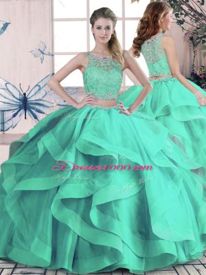 Scoop Sleeveless Vestidos de Quinceanera Floor Length Beading and Ruffles Turquoise Tulle