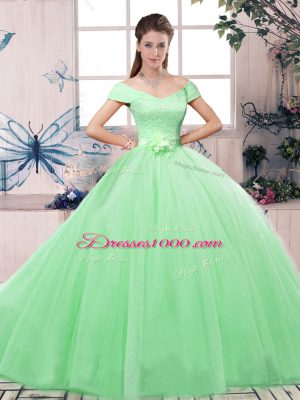 Tulle Off The Shoulder Short Sleeves Lace Up Lace and Hand Made Flower Vestidos de Quinceanera in Apple Green