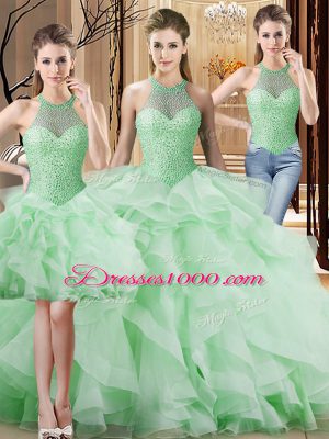 Apple Green Sleeveless Organza Brush Train Lace Up Quinceanera Gowns for Sweet 16 and Quinceanera