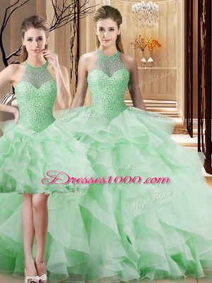 Apple Green Sleeveless Organza Brush Train Lace Up Quinceanera Gowns for Sweet 16 and Quinceanera