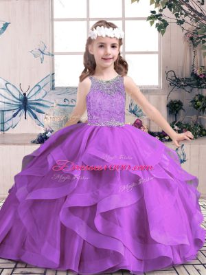 Floor Length Lace Up Pageant Dress Wholesale Purple for Party and Sweet 16 and Wedding Party with Beading and Ruffles