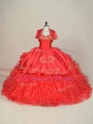 Nice Red Vestidos de Quinceanera Satin and Organza Brush Train Sleeveless Embroidery and Ruffles