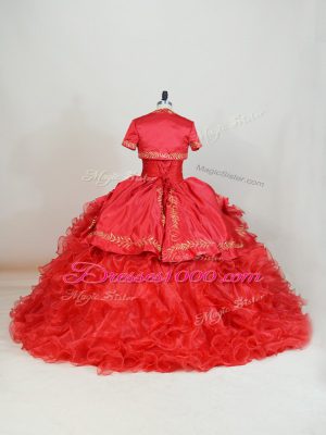 Nice Red Vestidos de Quinceanera Satin and Organza Brush Train Sleeveless Embroidery and Ruffles