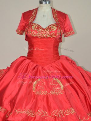 Nice Red Vestidos de Quinceanera Satin and Organza Brush Train Sleeveless Embroidery and Ruffles