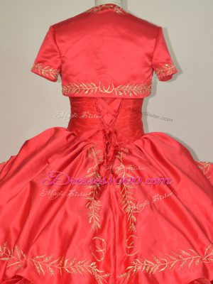 Nice Red Vestidos de Quinceanera Satin and Organza Brush Train Sleeveless Embroidery and Ruffles