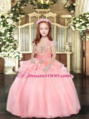 Pink Sleeveless Floor Length Beading and Ruffles Lace Up Little Girl Pageant Dress