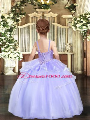 Pink Sleeveless Floor Length Beading and Ruffles Lace Up Little Girl Pageant Dress