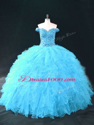 Customized Floor Length Aqua Blue 15 Quinceanera Dress Tulle Sleeveless Beading and Ruffles