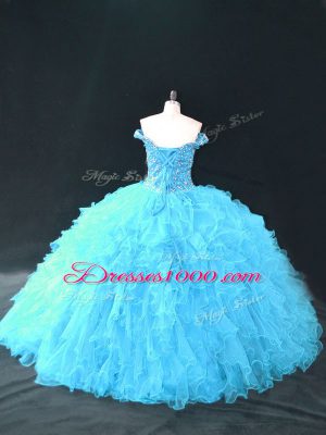 Customized Floor Length Aqua Blue 15 Quinceanera Dress Tulle Sleeveless Beading and Ruffles