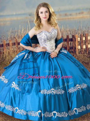 Perfect Sweetheart Sleeveless Vestidos de Quinceanera Floor Length Beading and Embroidery Baby Blue Satin