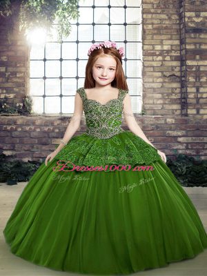 Sleeveless Tulle Floor Length Lace Up Little Girls Pageant Dress in Green with Beading