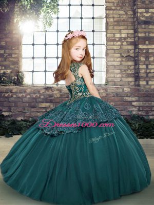 Sleeveless Tulle Floor Length Lace Up Little Girls Pageant Dress in Green with Beading