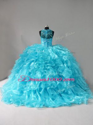 Sumptuous Aqua Blue Ball Gowns Beading and Ruffles Ball Gown Prom Dress Lace Up Organza Sleeveless