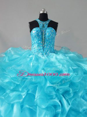 Sumptuous Aqua Blue Ball Gowns Beading and Ruffles Ball Gown Prom Dress Lace Up Organza Sleeveless