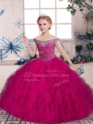 High End Off The Shoulder Sleeveless Tulle Little Girls Pageant Dress Beading and Ruffles Lace Up