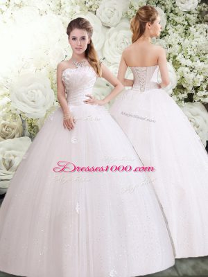 White Sleeveless Tulle Lace Up Bridal Gown for Wedding Party