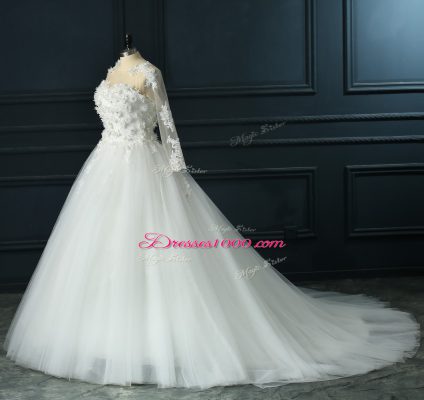 Scoop 3 4 Length Sleeve Bridal Gown Court Train Lace and Appliques White Tulle