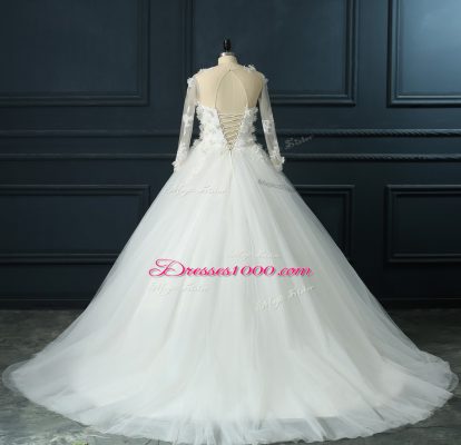 Scoop 3 4 Length Sleeve Bridal Gown Court Train Lace and Appliques White Tulle