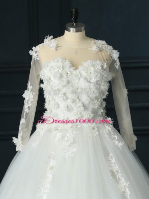 Scoop 3 4 Length Sleeve Bridal Gown Court Train Lace and Appliques White Tulle