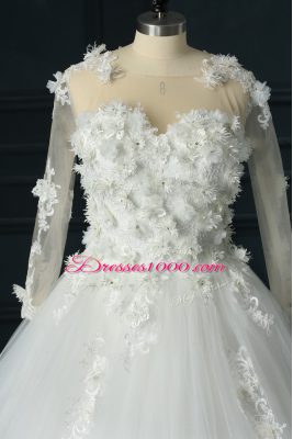 Scoop 3 4 Length Sleeve Bridal Gown Court Train Lace and Appliques White Tulle