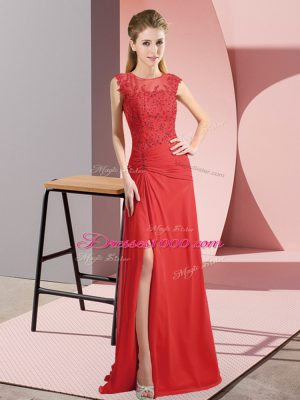 Glittering Red Column/Sheath Beading Prom Party Dress Zipper Chiffon Sleeveless Floor Length