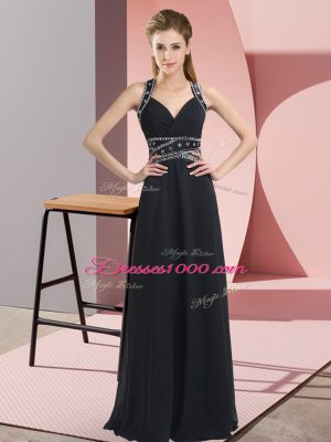 Modest Black Straps Backless Beading Prom Gown Sleeveless