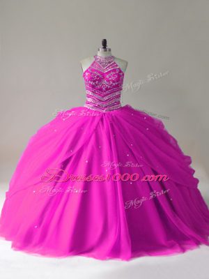 Clearance Halter Top Sleeveless Lace Up Sweet 16 Dress Fuchsia Tulle