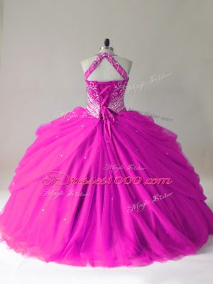 Clearance Halter Top Sleeveless Lace Up Sweet 16 Dress Fuchsia Tulle