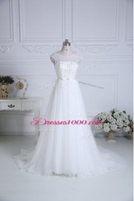 Custom Fit Cap Sleeves Brush Train Lace Up Beading and Belt Wedding Gowns