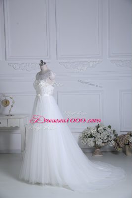 Custom Fit Cap Sleeves Brush Train Lace Up Beading and Belt Wedding Gowns