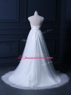 Custom Fit Cap Sleeves Brush Train Lace Up Beading and Belt Wedding Gowns