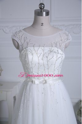 Custom Fit Cap Sleeves Brush Train Lace Up Beading and Belt Wedding Gowns