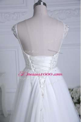 Custom Fit Cap Sleeves Brush Train Lace Up Beading and Belt Wedding Gowns