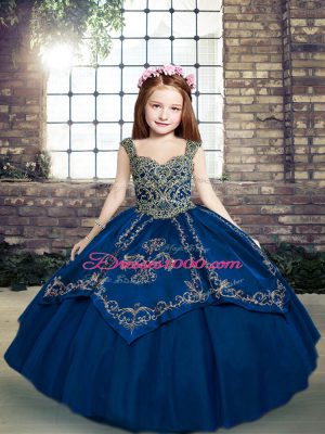 Floor Length Lace Up Pageant Dress Wholesale Blue for Party and Sweet 16 and Wedding Party with Beading and Embroidery
