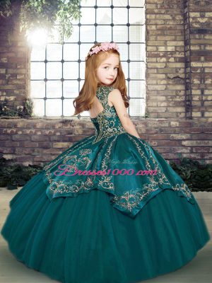 Floor Length Lace Up Pageant Dress Wholesale Blue for Party and Sweet 16 and Wedding Party with Beading and Embroidery