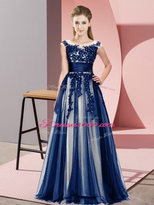 Ideal Navy Blue Tulle Zipper Wedding Party Dress Sleeveless Floor Length Beading and Lace
