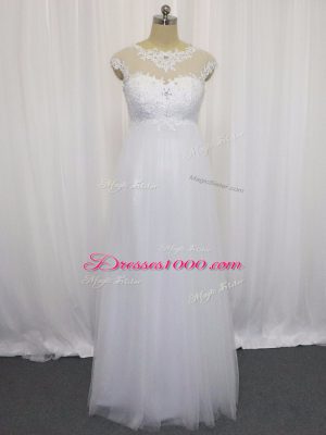 White Tulle Lace Up Wedding Gowns Sleeveless Floor Length Beading and Lace