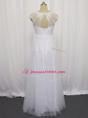 White Tulle Lace Up Wedding Gowns Sleeveless Floor Length Beading and Lace