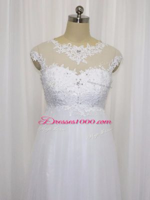 White Tulle Lace Up Wedding Gowns Sleeveless Floor Length Beading and Lace